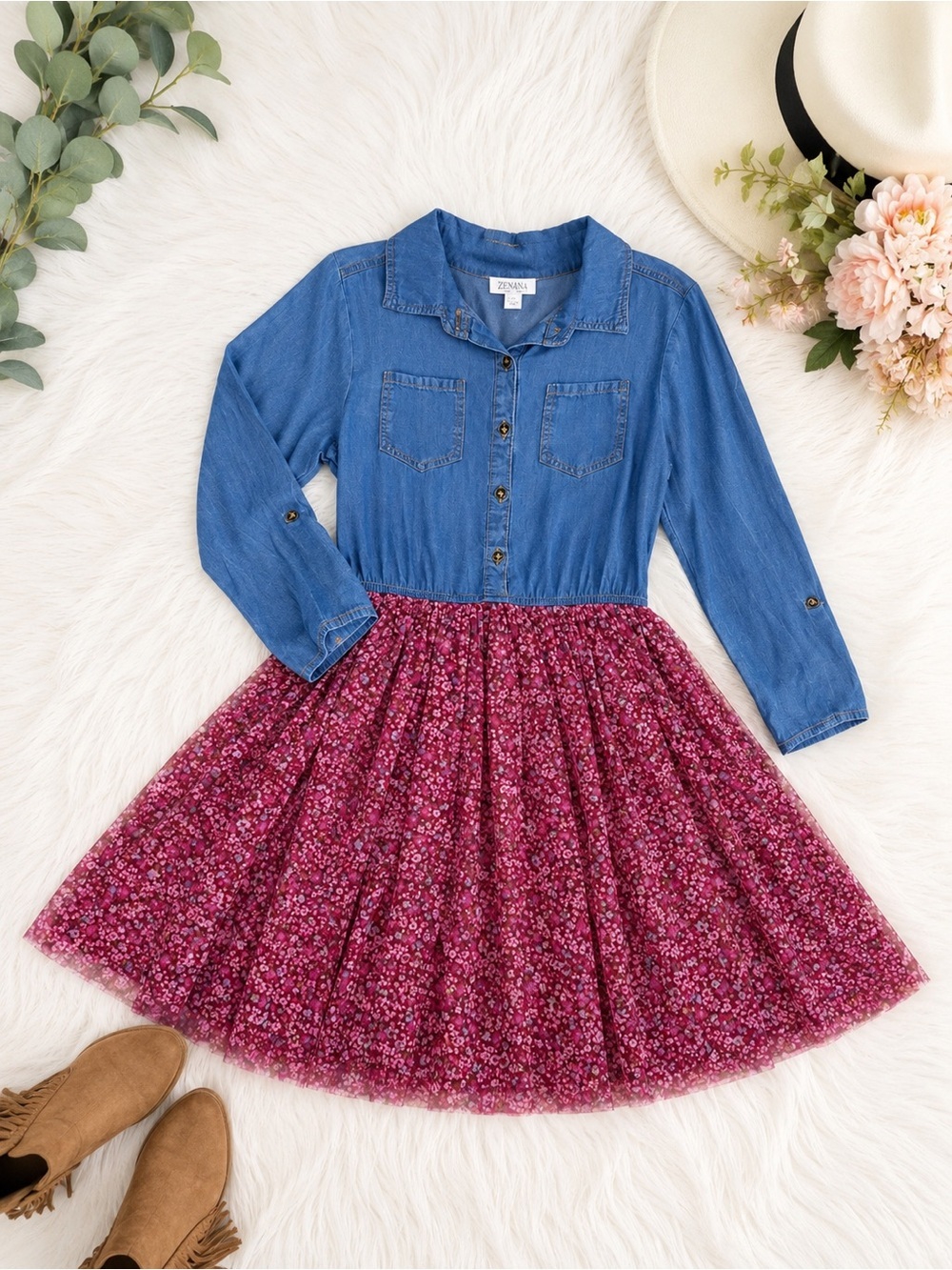 Boutique Zenzi Girls Denim & Tulle Floral Dress Size Large